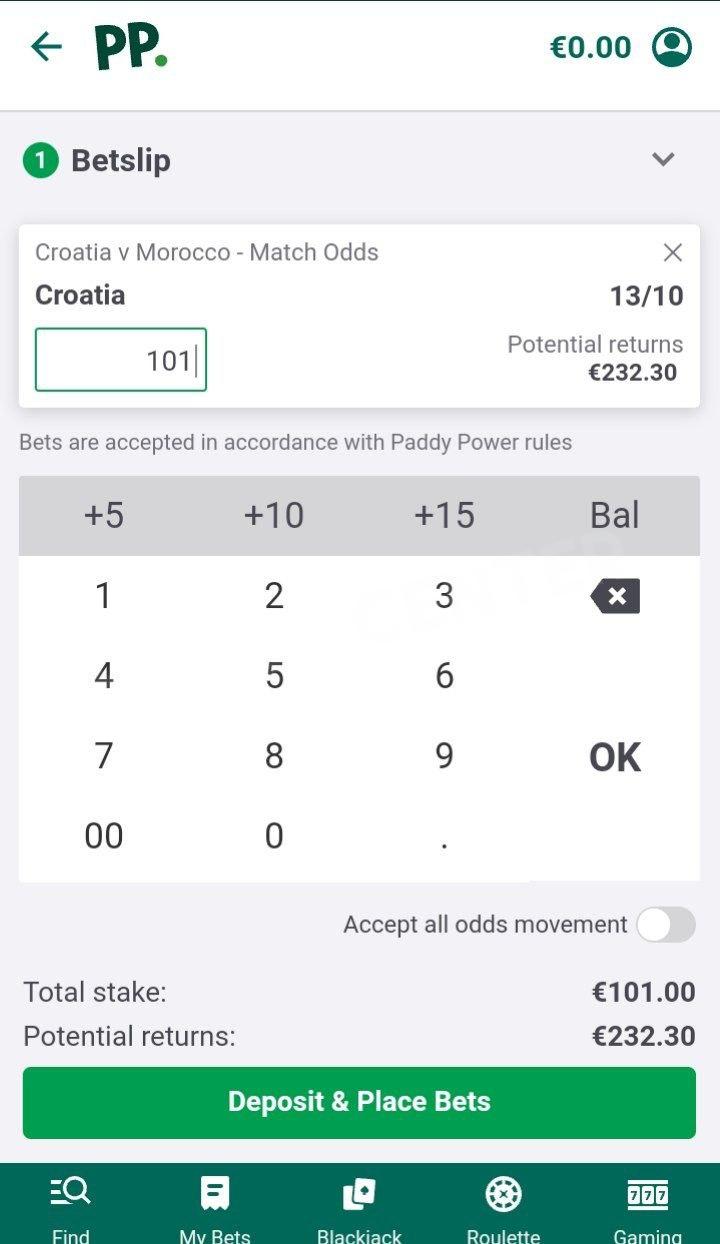 Enter the bet amount and press `Place Bet`. Paddy Power