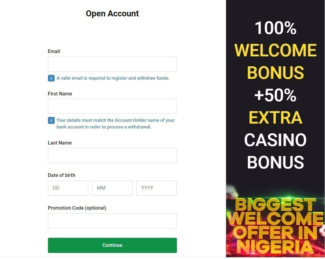 The Bet9ja registration form with the promocode
