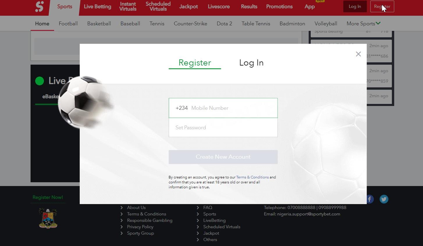 The SportyBet registration form
