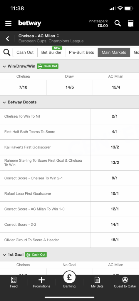 A football match markets in the sportsbook app. Betway