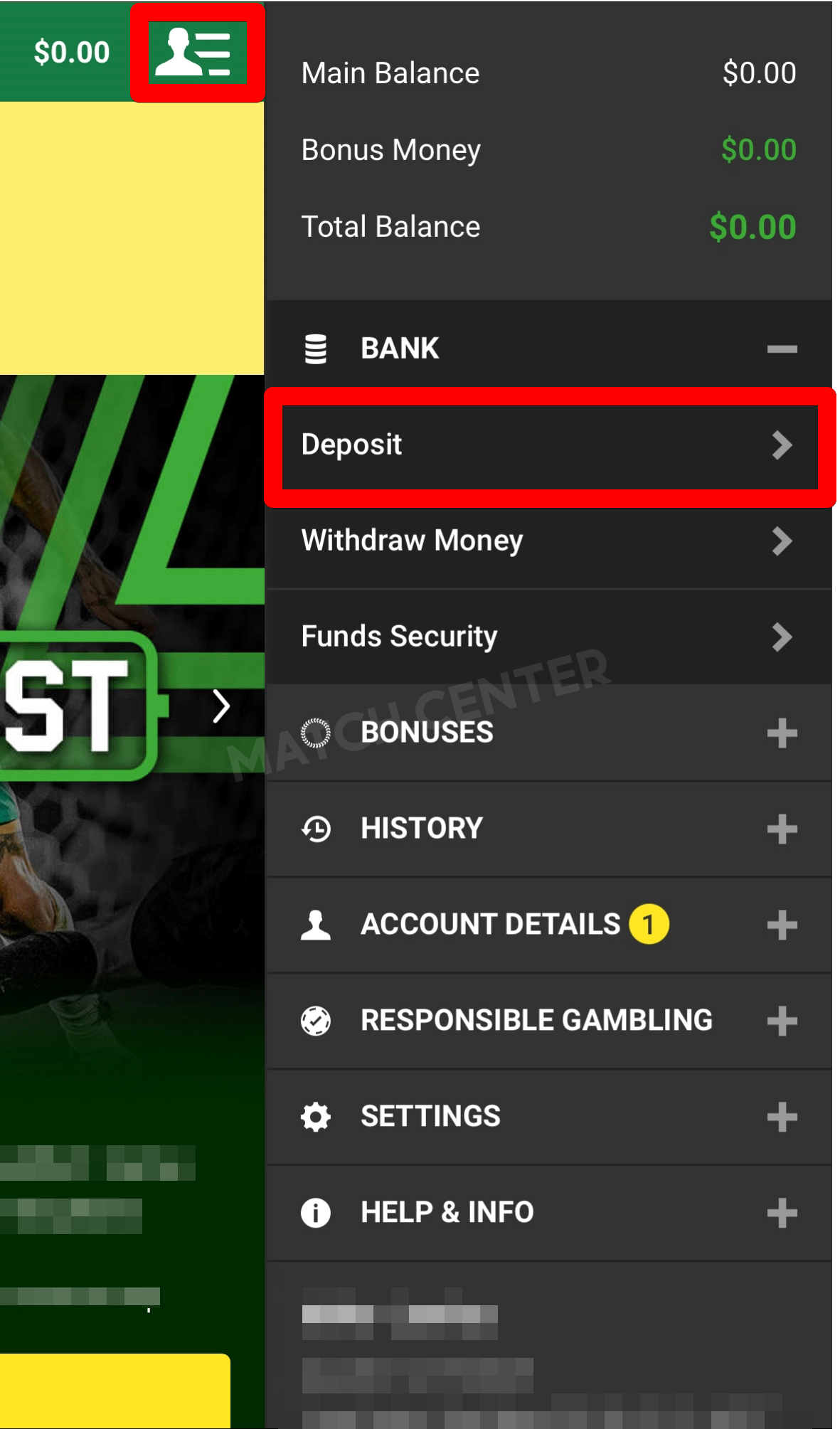 Account deposit in the betting app