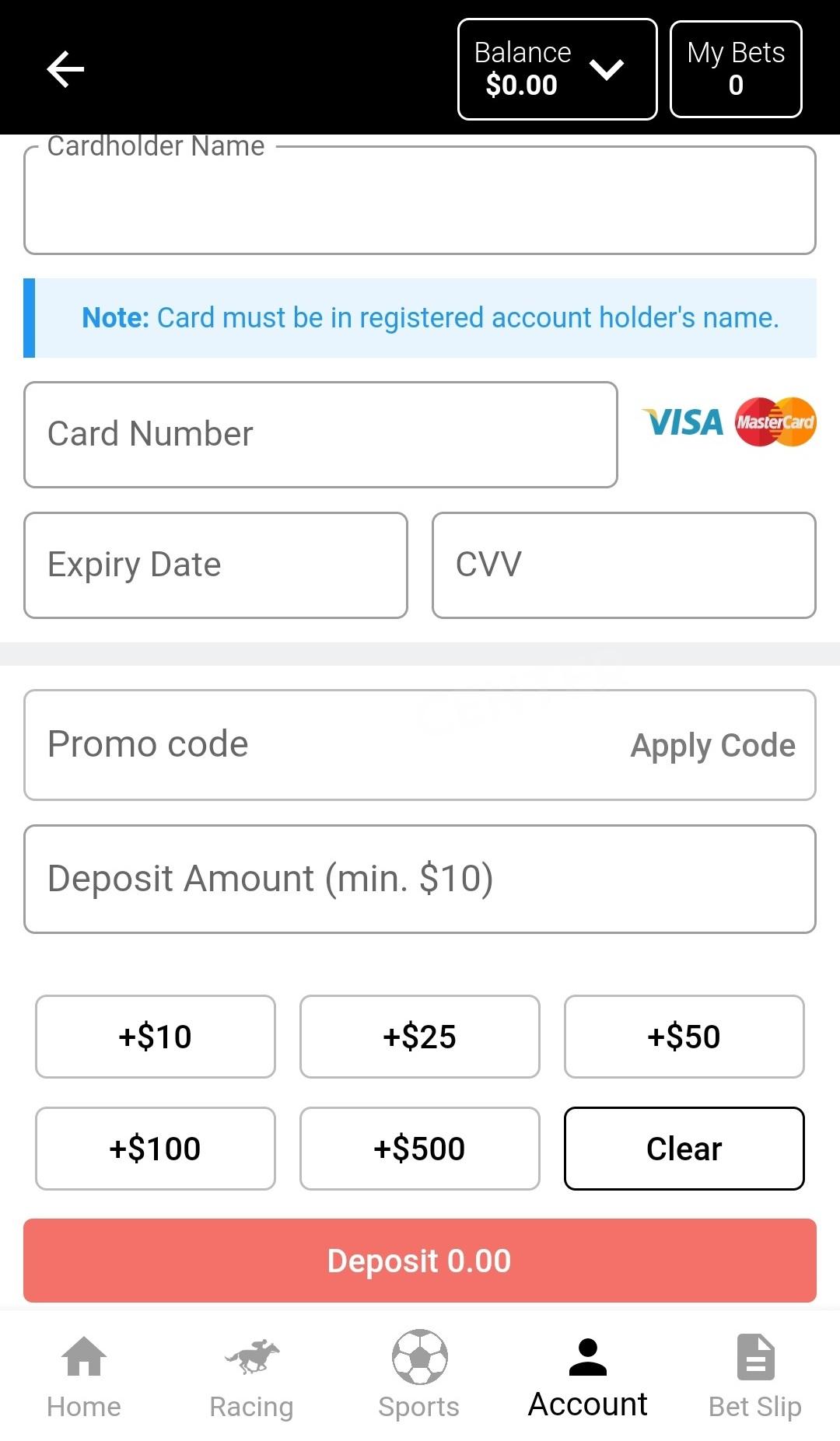 Account deposit on the BetDeluxe mobile app.