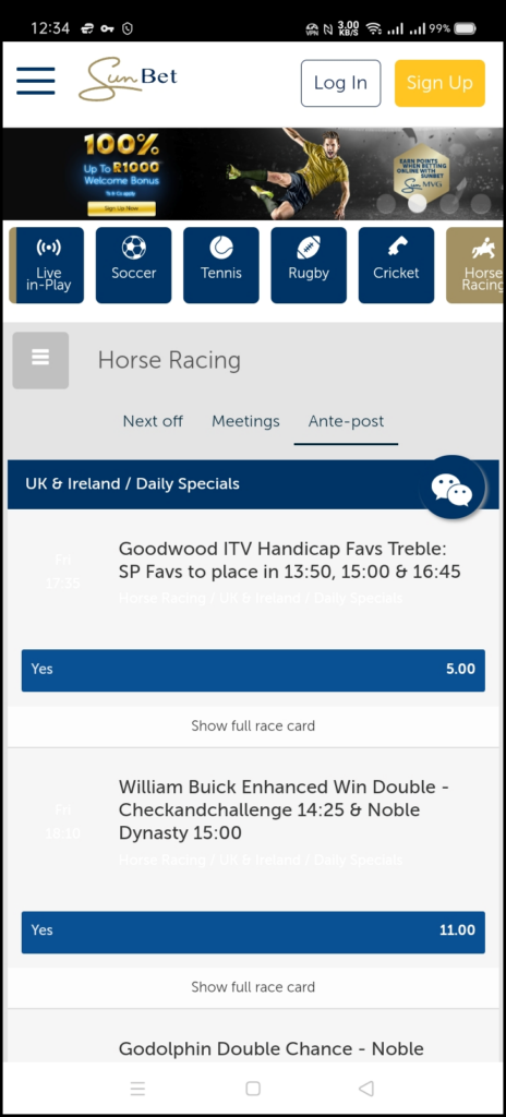 Ante-post betting on Horse Racing in the Sunbet App