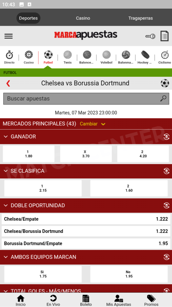 App móvil (Android) - Página del partido de la Champions League