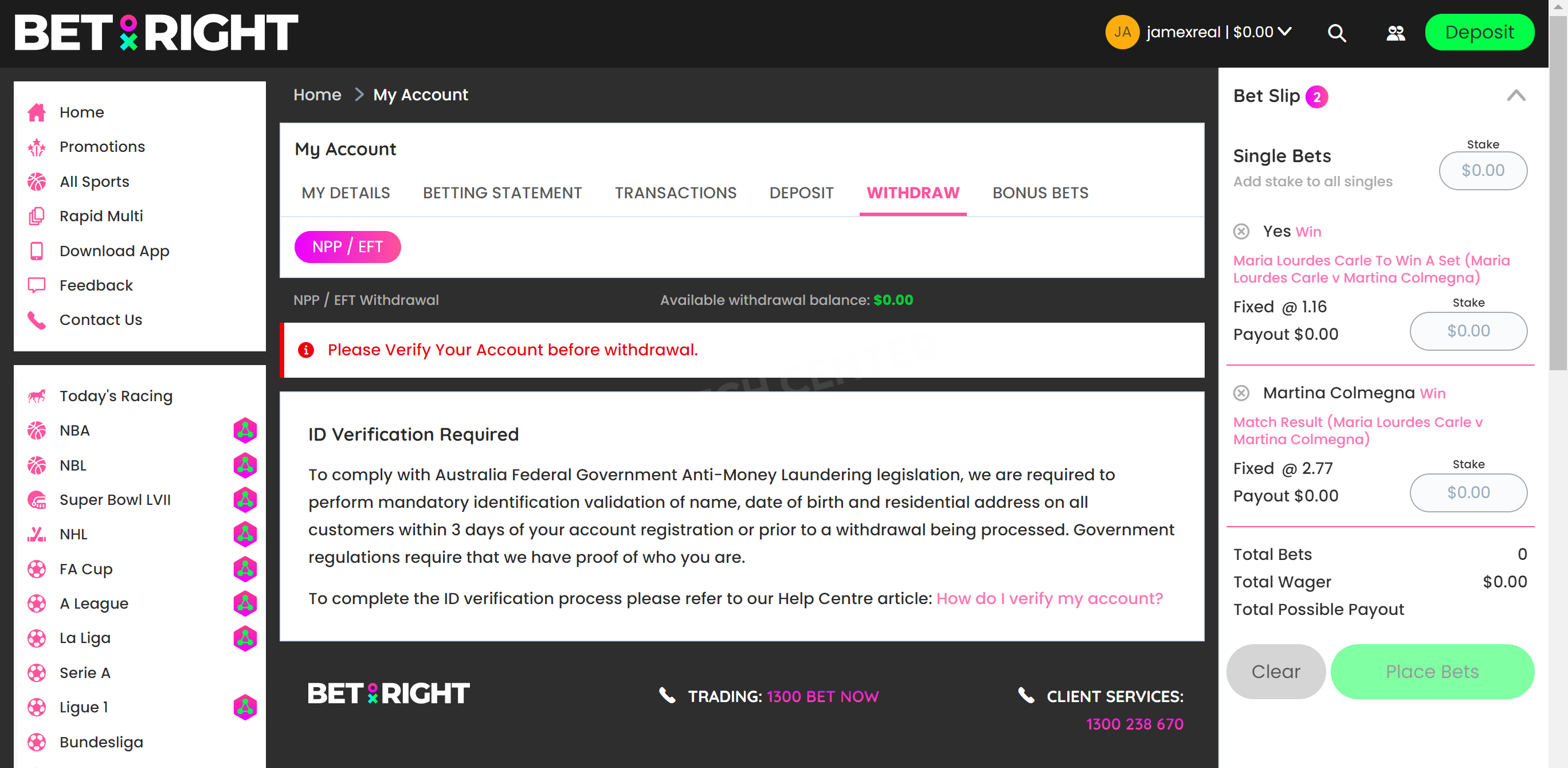 BetRight withdrawal page