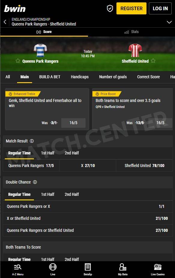 Bwin, bets selection for football