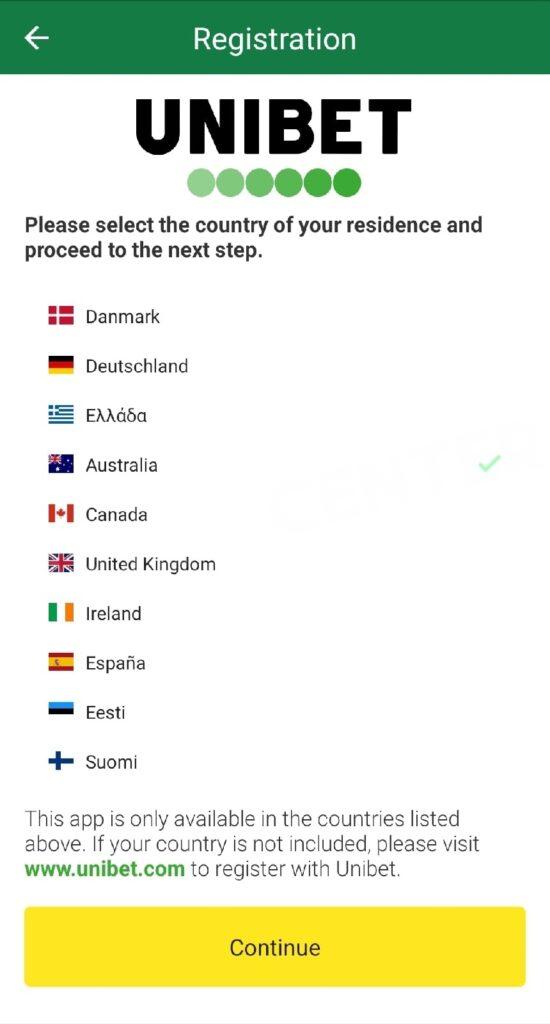 Country options when registering in the Unibet app
