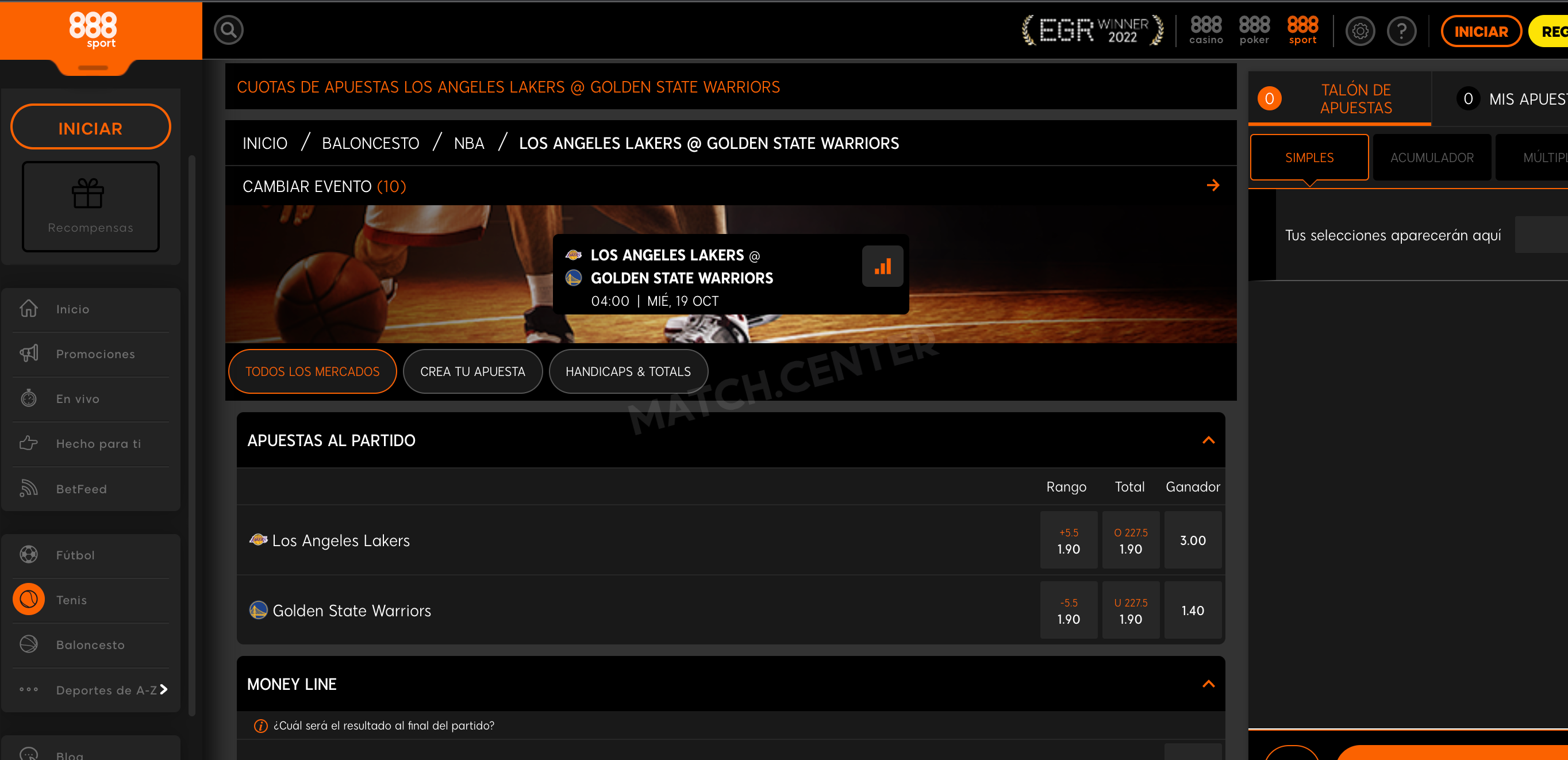 Cuotas de la sección de apuestas de baloncesto de la página web 888sport