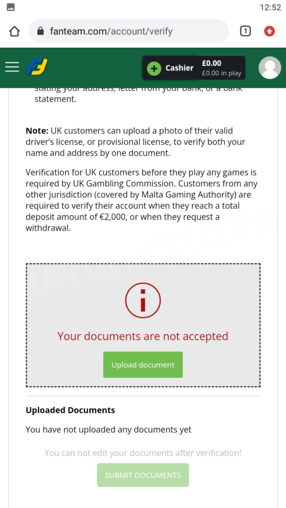 FanTeam, document upload form on verification page