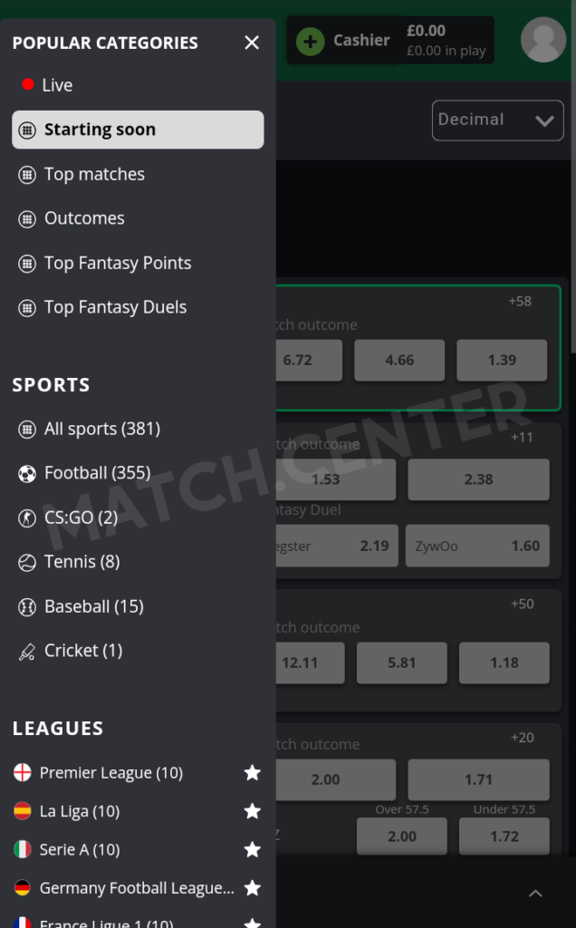 FanTeam, Filter menu with sports and tournament selections