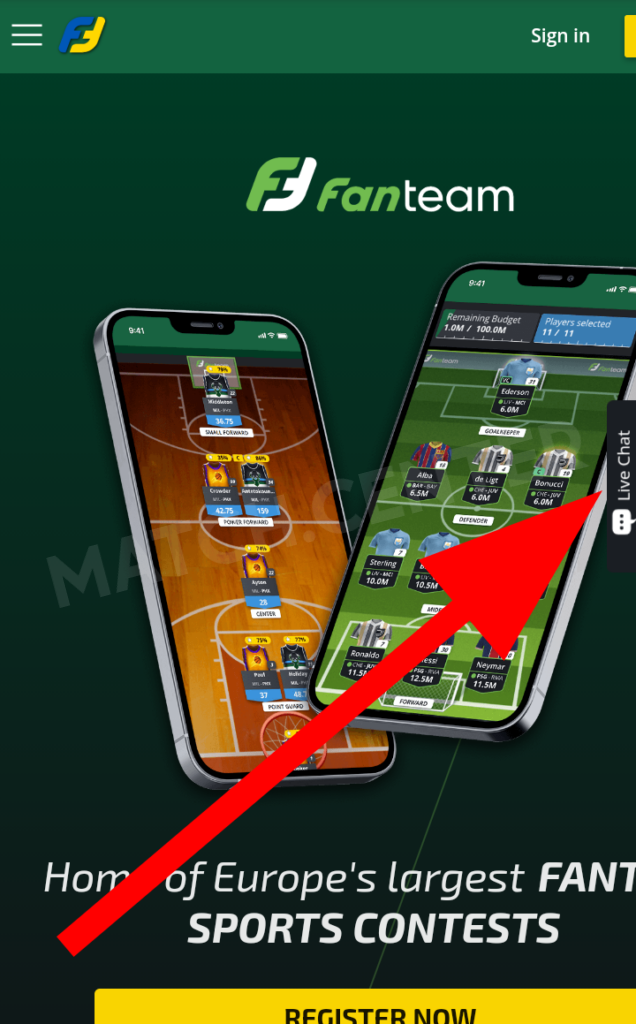 FanTeam, live chat button on mobile homepage