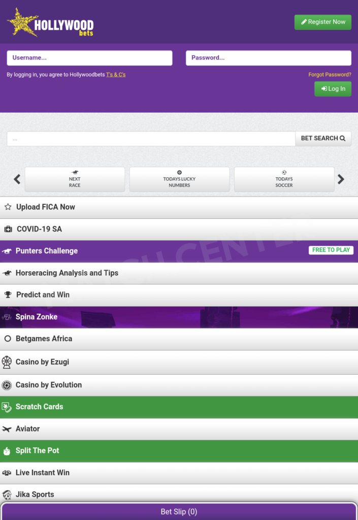 Hollywoodbets, home page