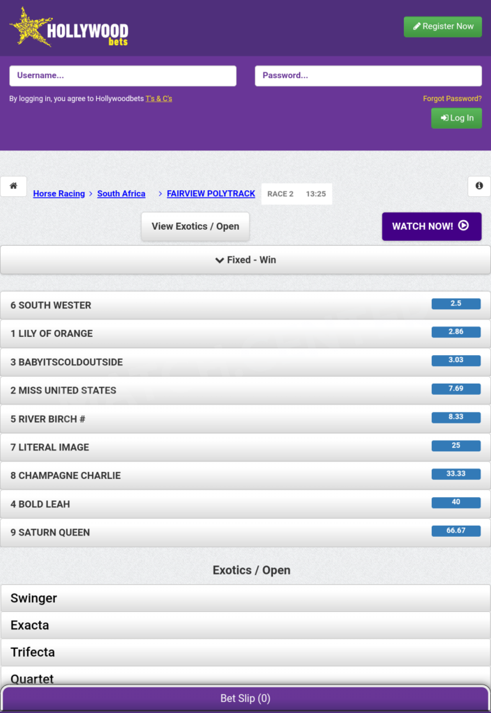 Hollywoodbets, horse race card