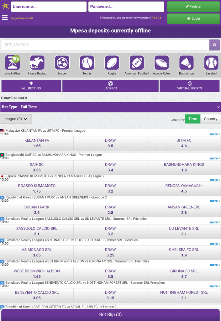 Hollywoodbets, starting page