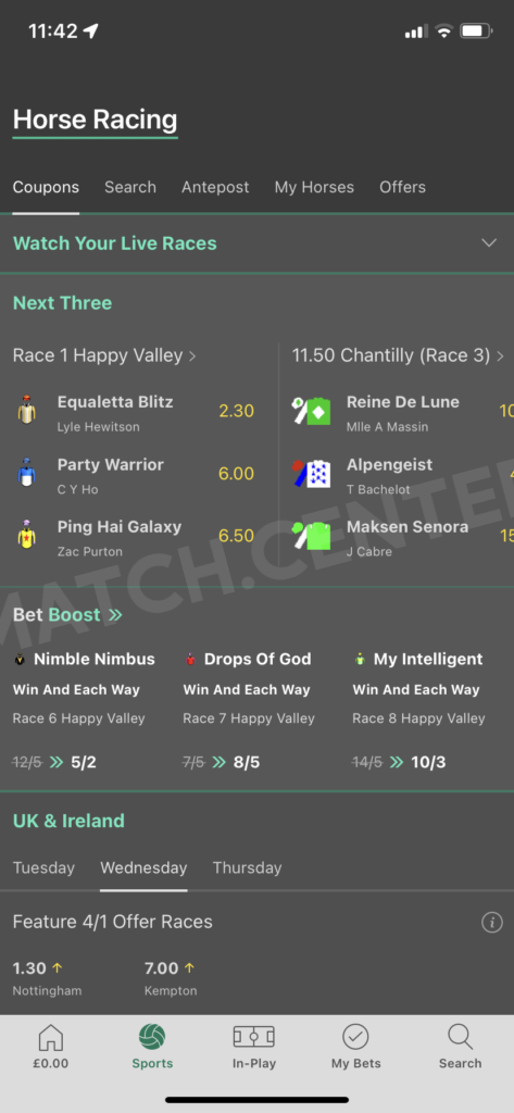 Horse racing in the sportsbook app. Bet365