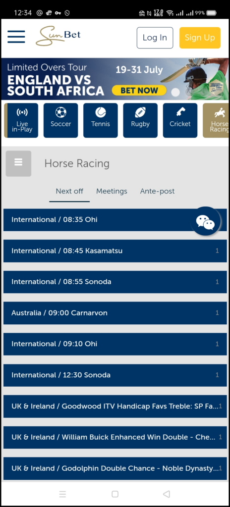 Horse Racing section in the Sunbet App