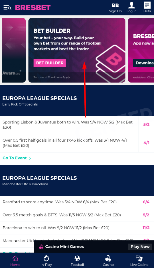 Bet Builder feature in the BresBet mobile application