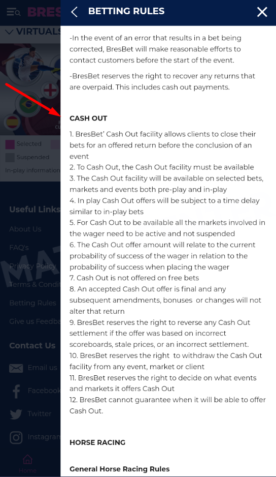 Cashout rules in the BresBet application