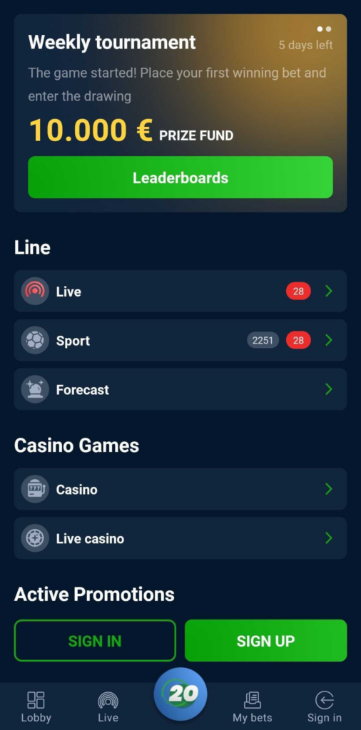Menú de la app 20Bet que aparece con el botón central del panel inferior