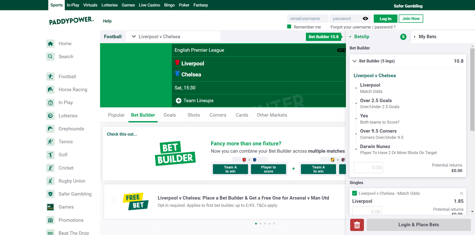 Bet Builder for Liverpool vs Chelsea in Paddy Power