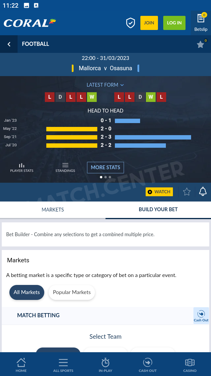Bet Builder tab on a match page