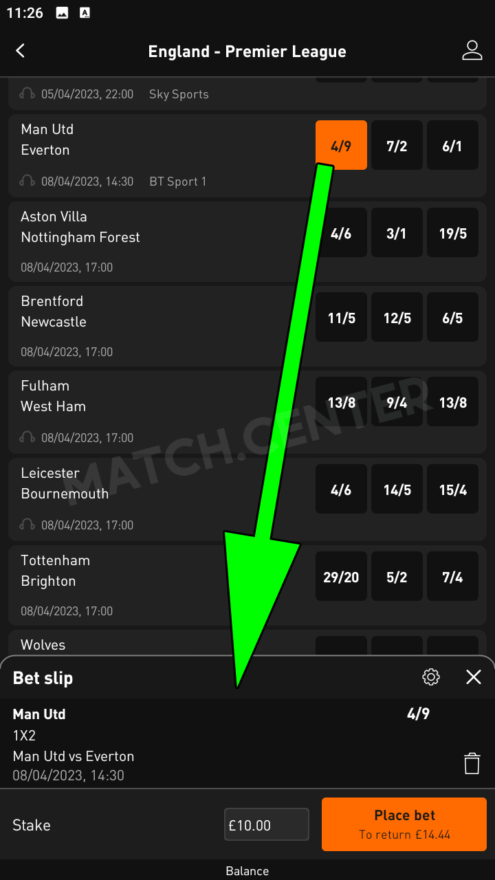 Placing a bet in the mobile app of LiveScore Bet UK