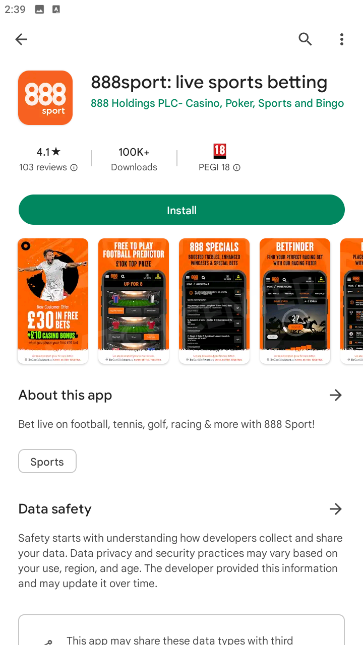 The betting app page in Google Store