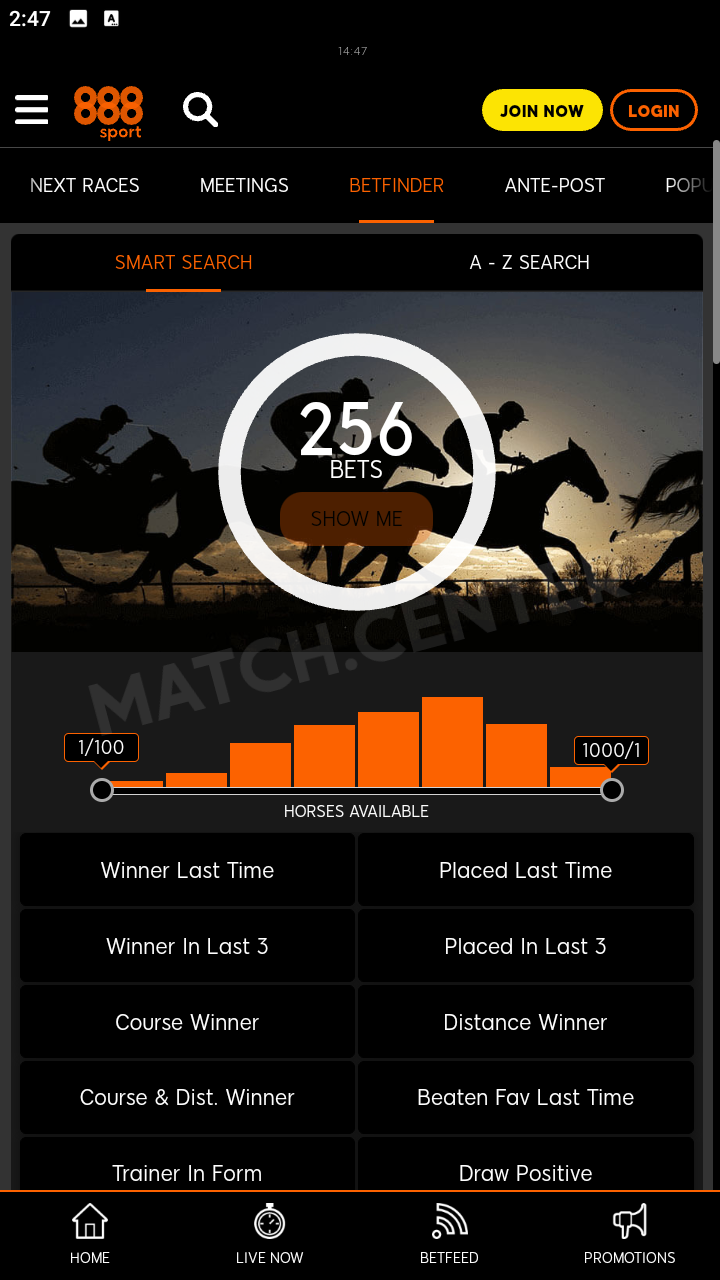 BetFinder in the horse racing section