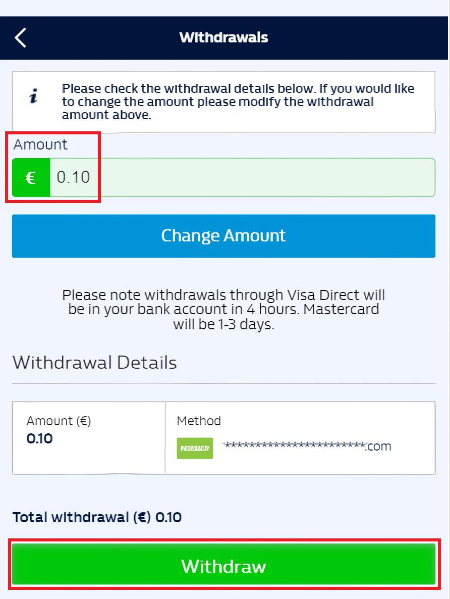 Selection of the withdrawal amount