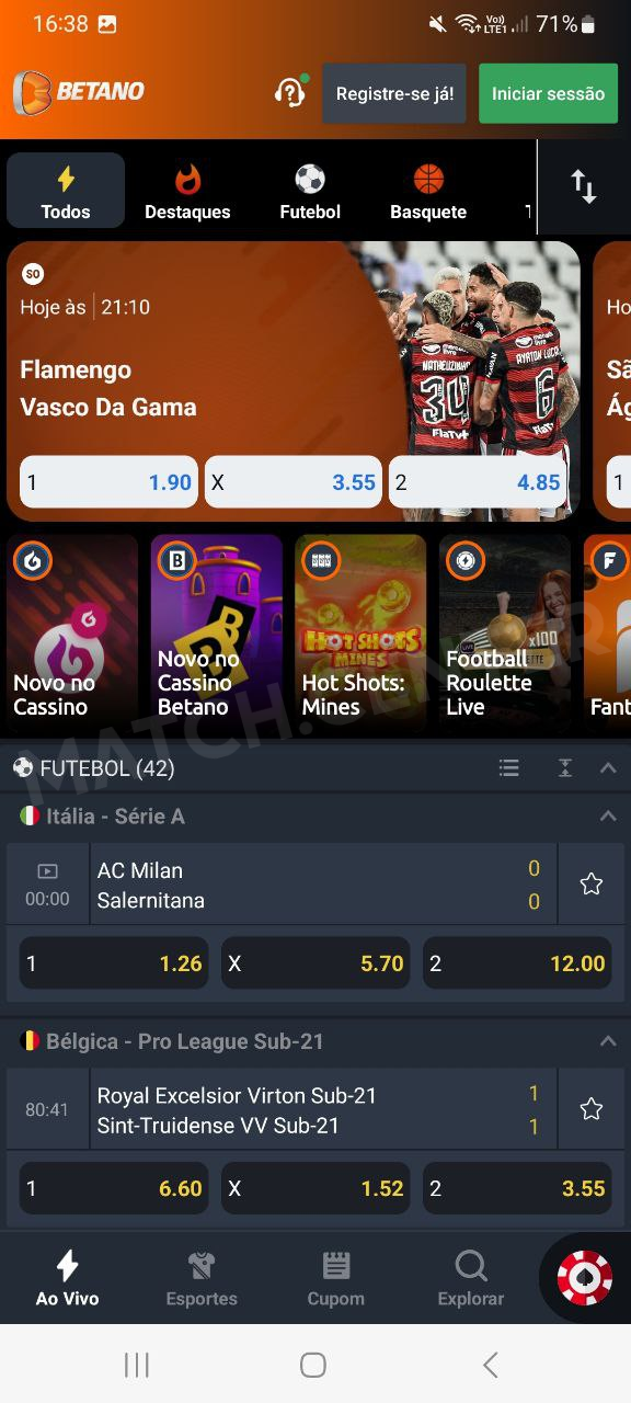 A tela inicial do app Betano