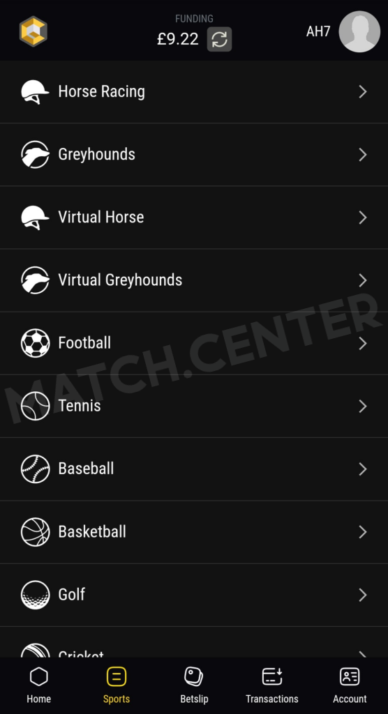 Geoff Banks app. Sport menu