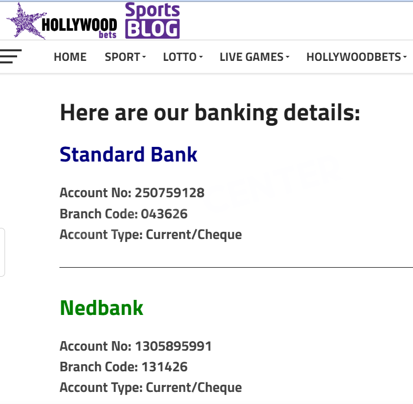 Hollywoodbets banking details