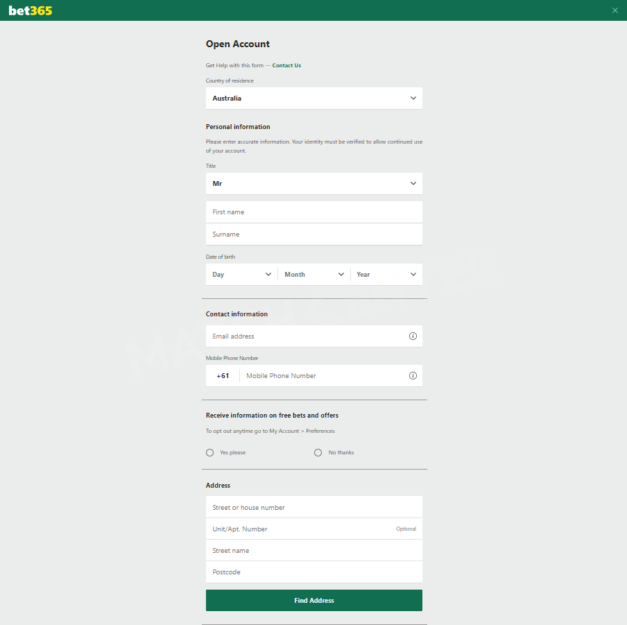 First registration step at Bet365