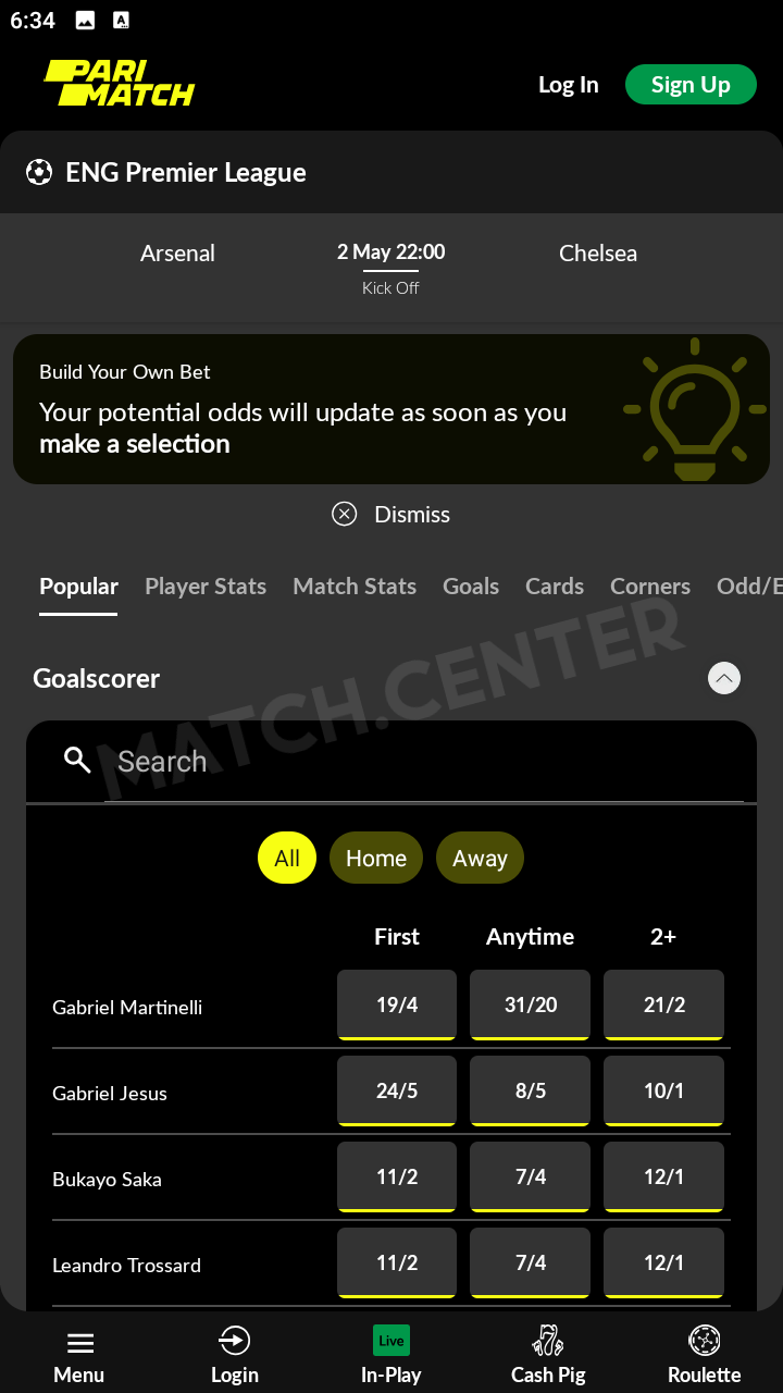 Bet Builder tab on the Premier League match page