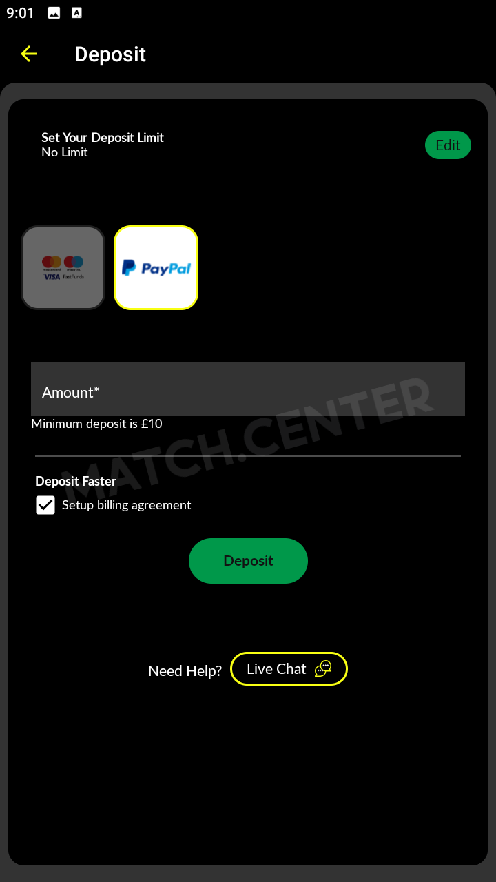Window for PayPal deposits