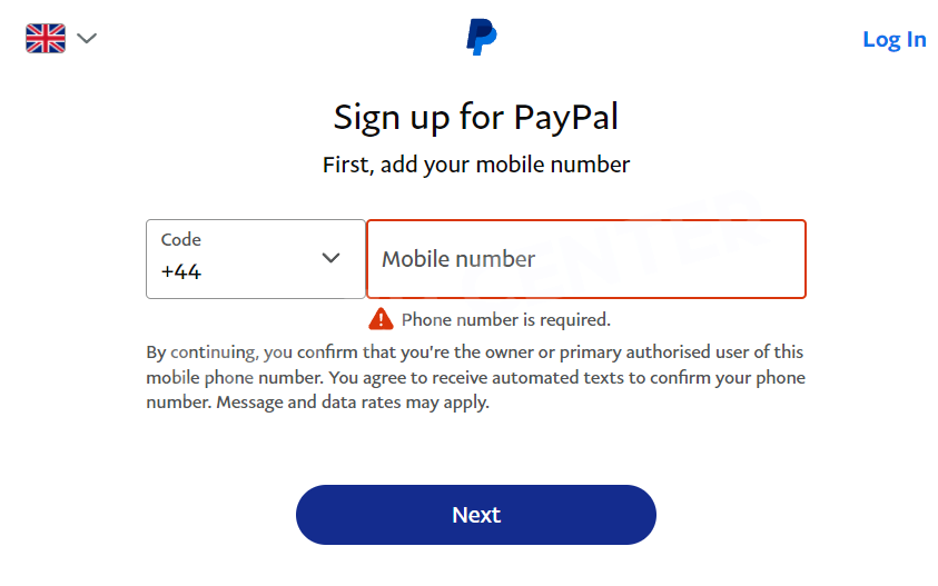 Entering a phone number when registering with PayPal