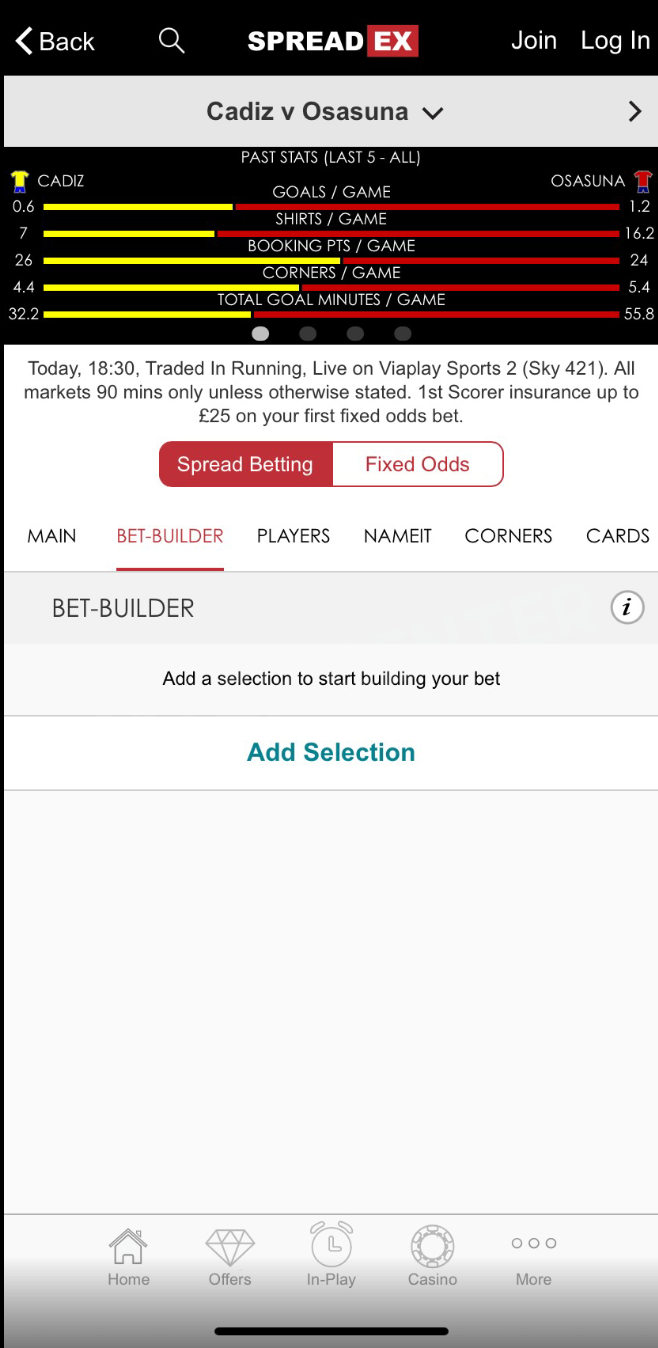 Spreadex Mobile Bet Builder Tab on the screen