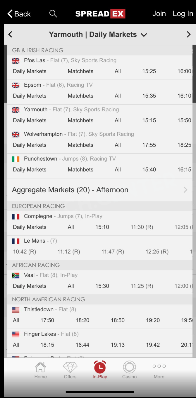 Spreadex Mobile In-Play Betting Section Tab