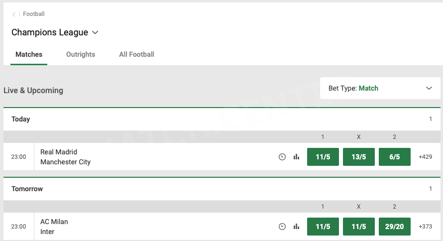 Odds for the UEFA Champions League. Unibet