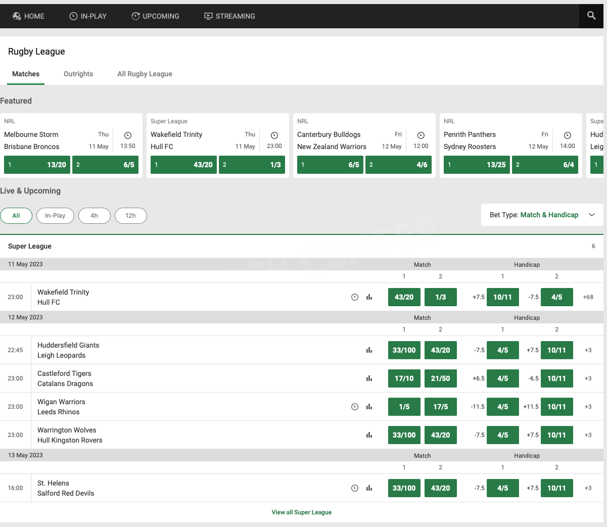 Rugby page. Unibet