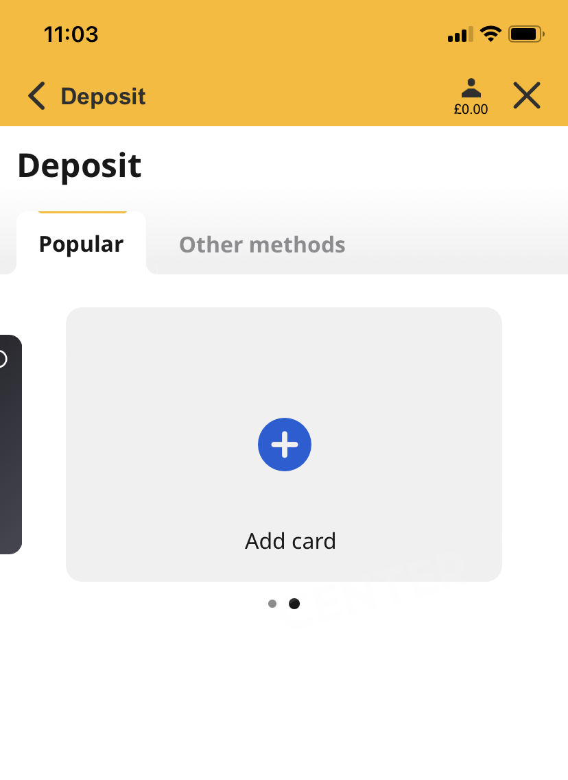 Deposit section in the Betfair app