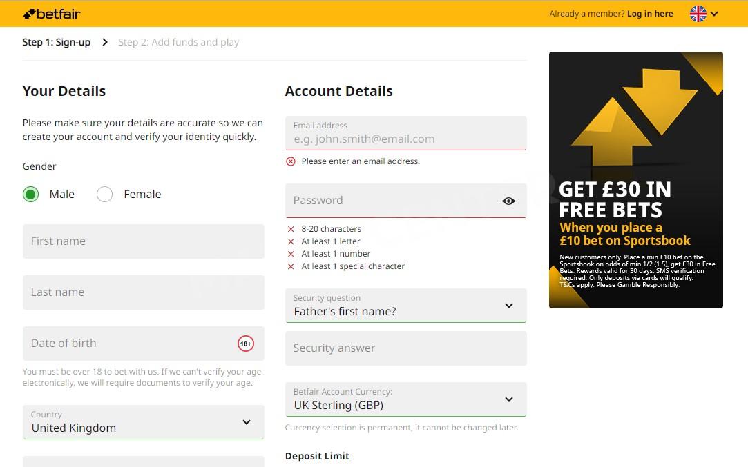The Betfair registration page