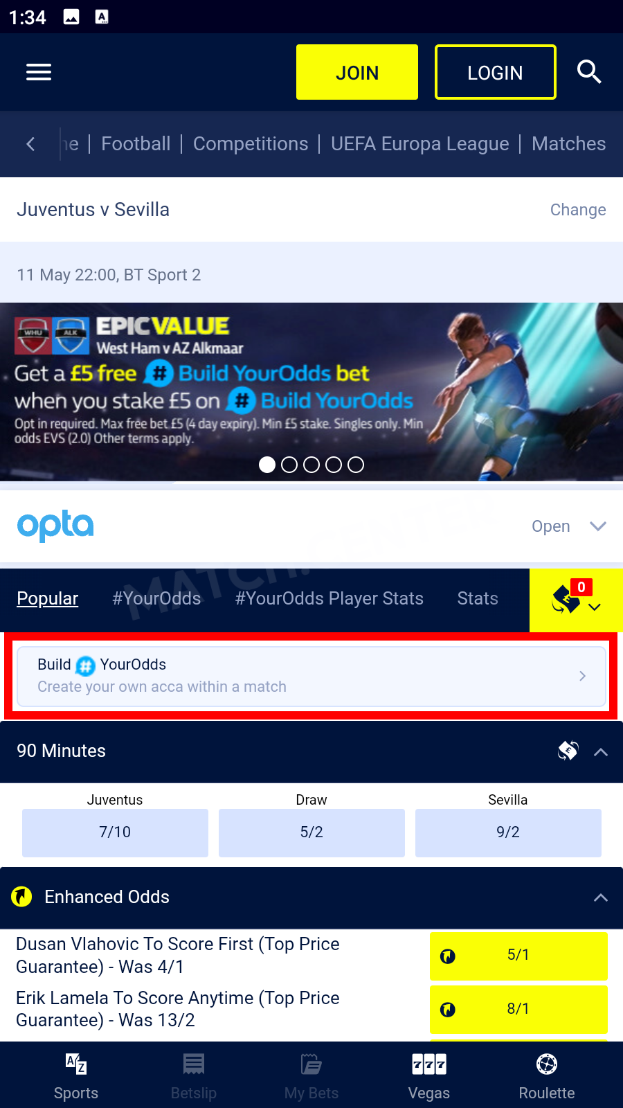 Bet Builder button on a match page