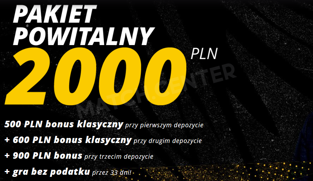 Pakiet powitalny do 2 000 PLN w postaci bonusów i gry bez podatku