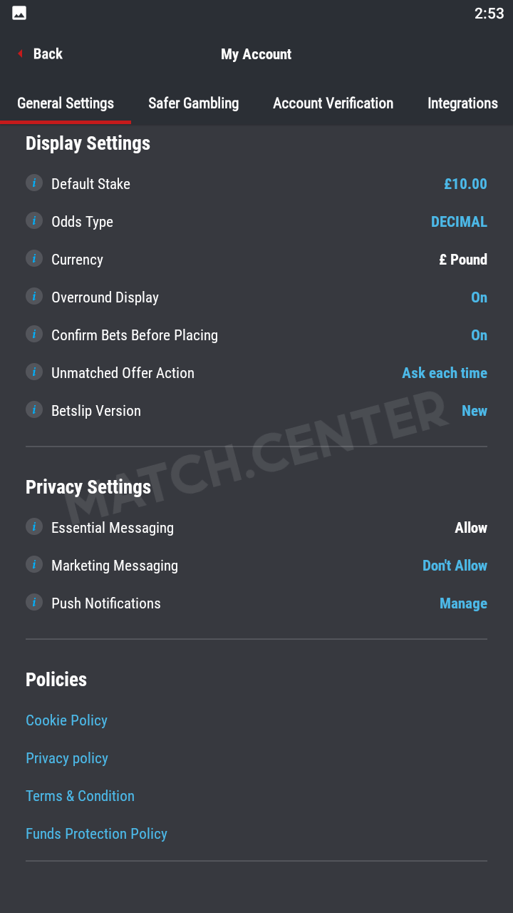 General settings of the mobile application