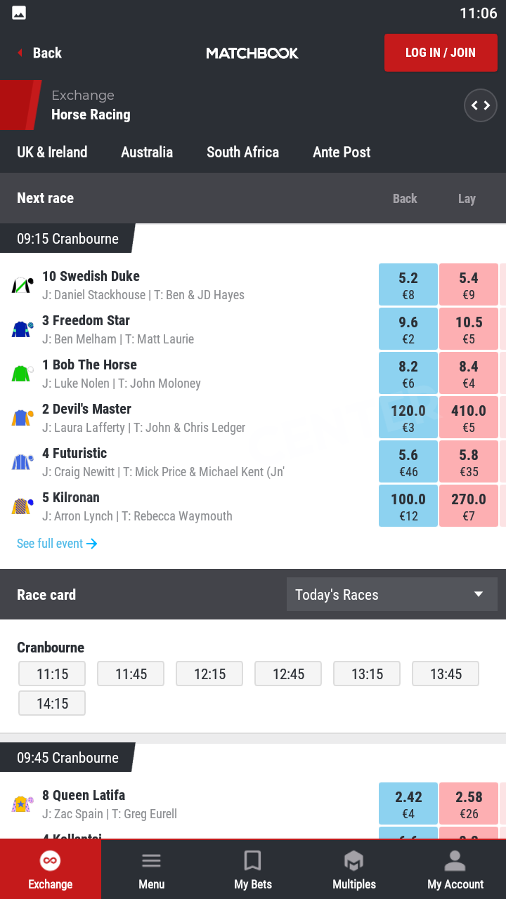 Selection of bets on horse racing