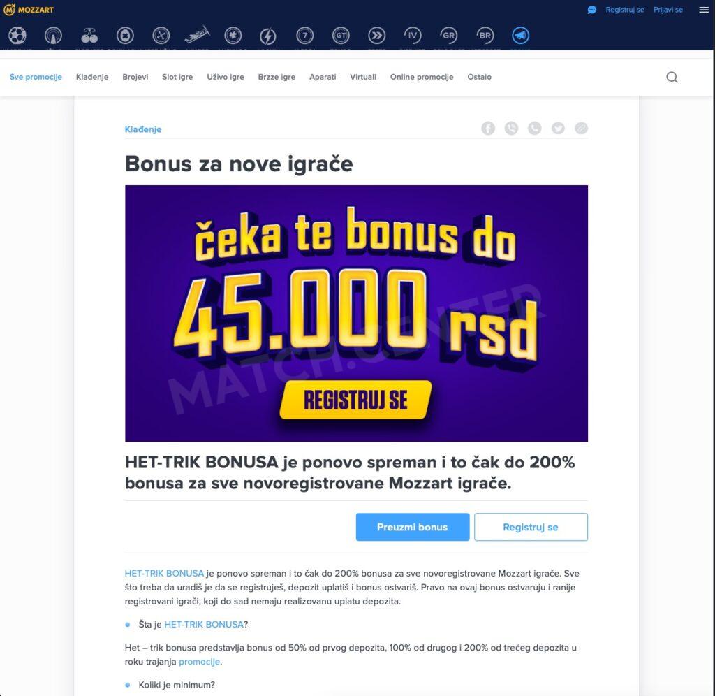 Mozzart bet bonus za nove korisnike do 45.000 RSD