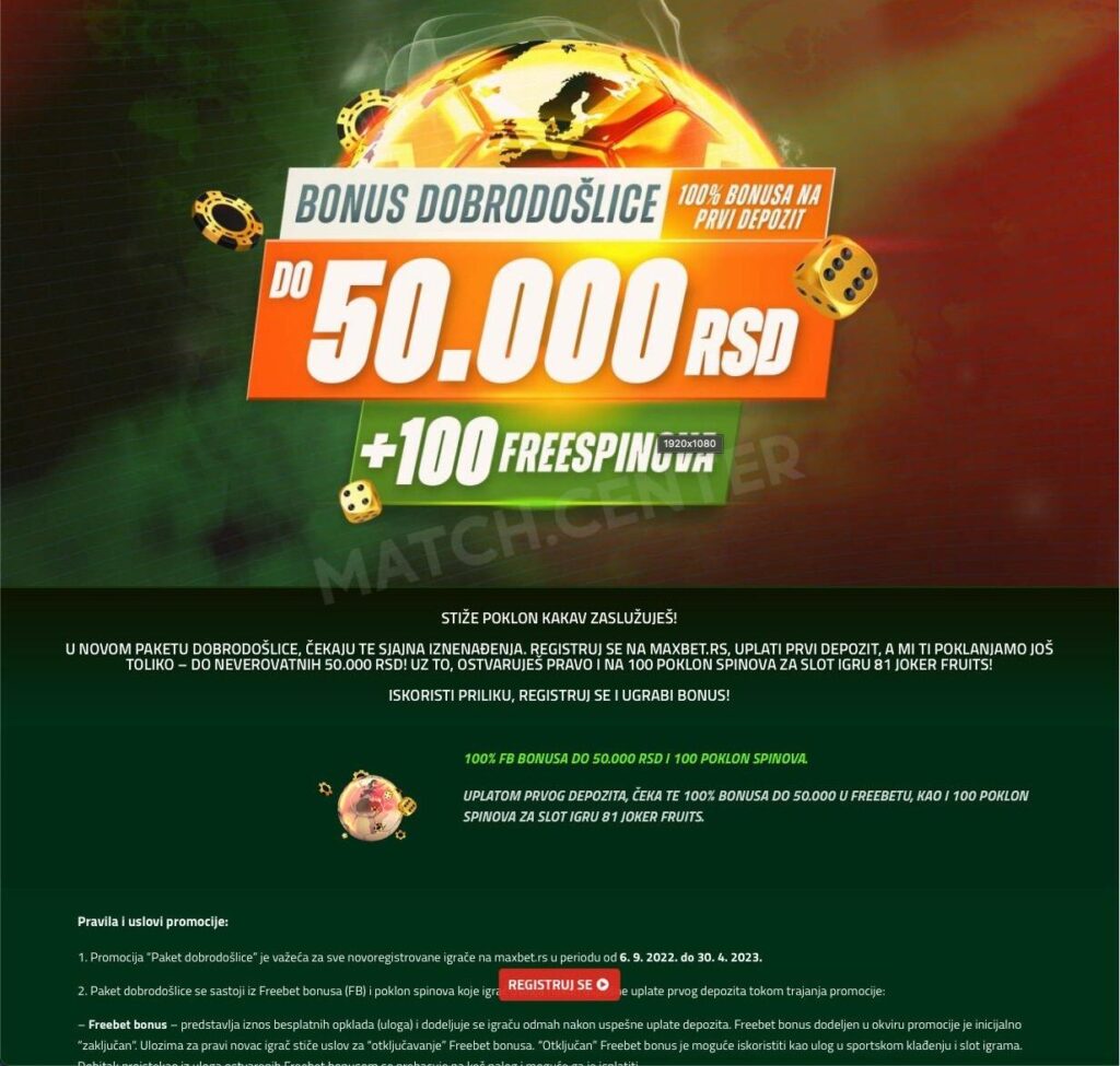 MaxBet bonus za nove igrače do 50.000 RSD + 100 besplatnih spinova