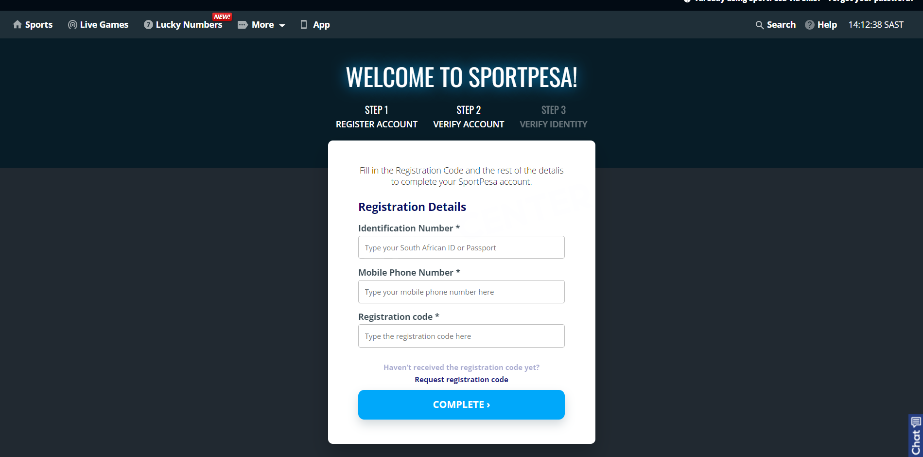 Registration code form at SportPesa