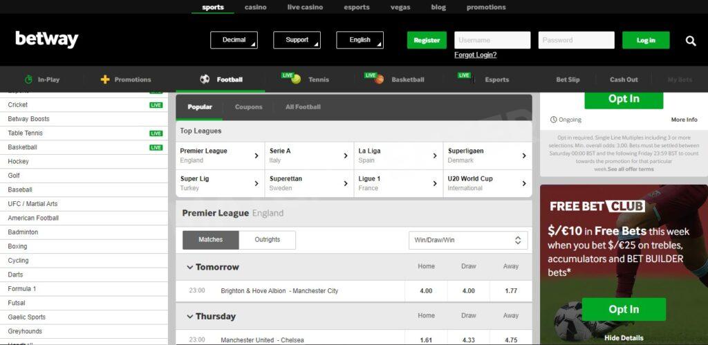 Football betting section on Betway